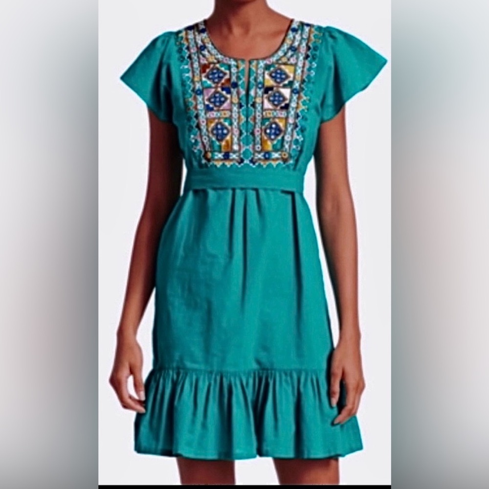 Figue Florian Cotton Dress Embroidered Mirrors Tie-waist Ruffle Hem Green Size S